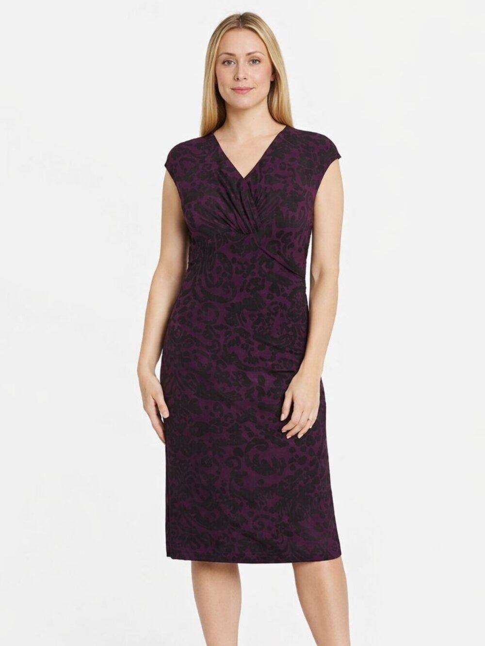 Lauren Ralph Lauren Purple & Black Faux Wrap Dress Size 14 | Ruched Cap Sleeve M